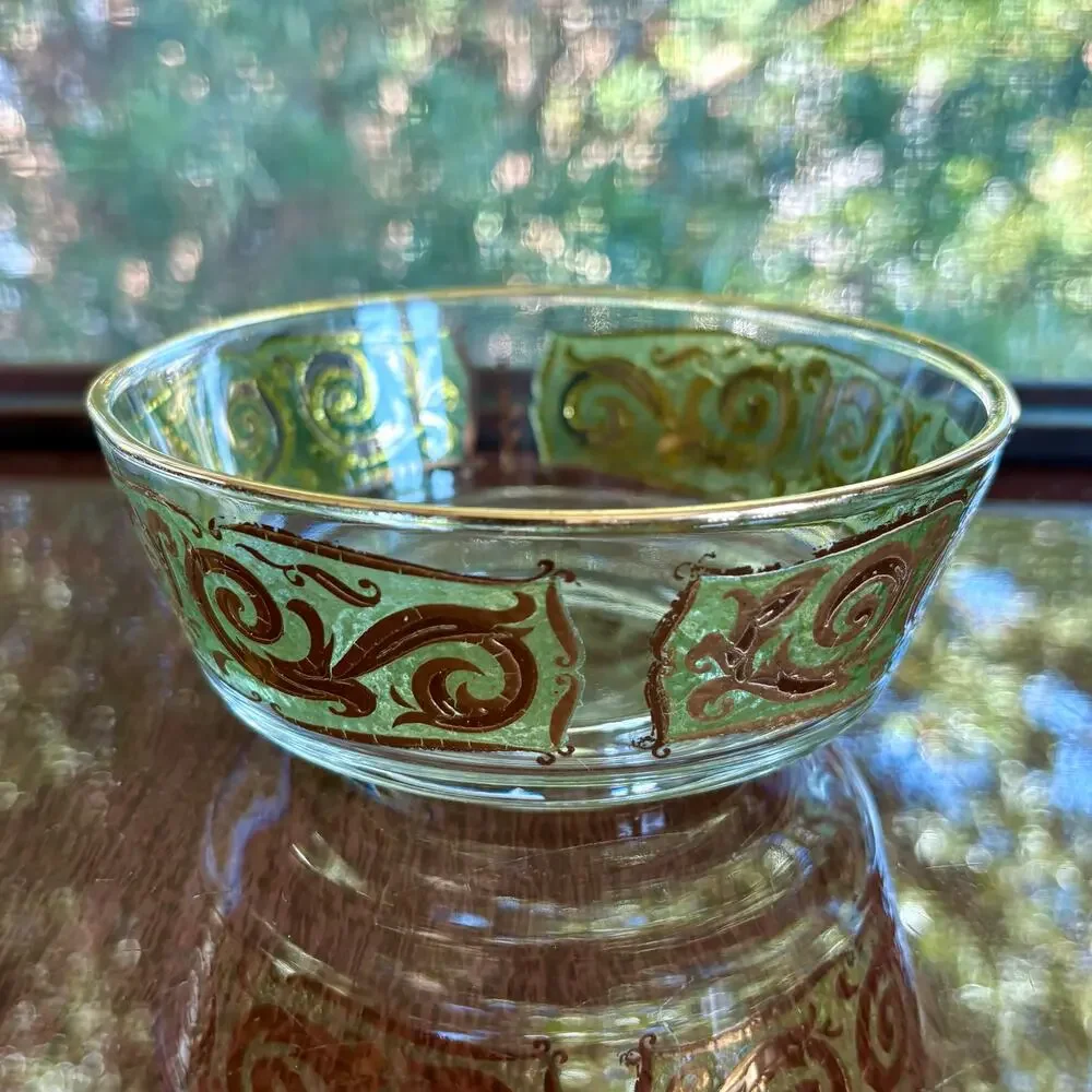 MCM Culver Glass Bowl 22K Gold Scroll Green Band Vintage Dish